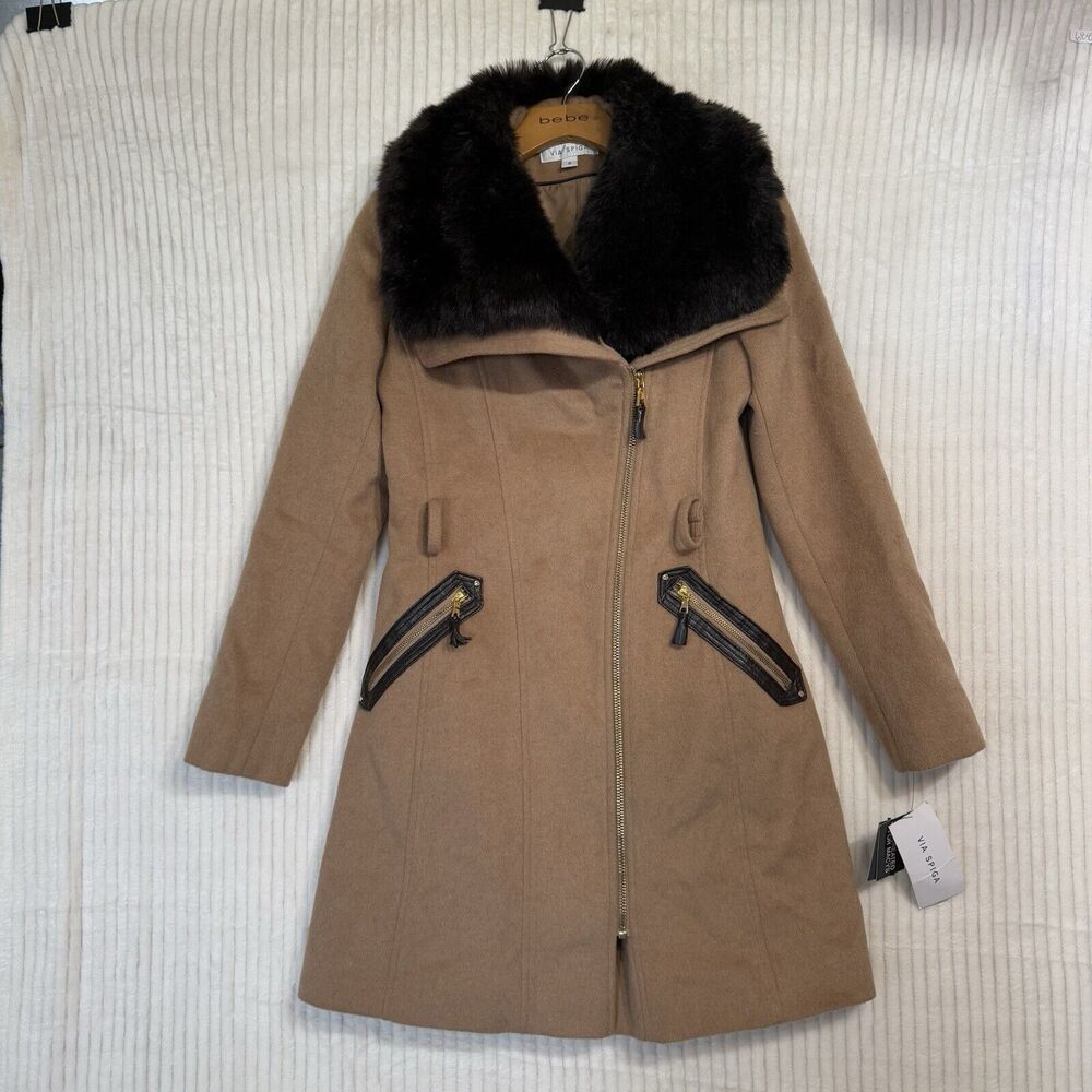 Via Spiga Camel‎ Faux Fur Wool Blend Pea Coat Women Sz 0 NWT $400 No Belt - Picture 5 of 16